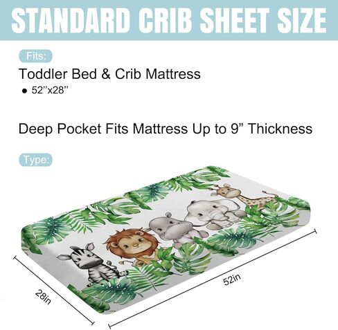 Cute Jungle Safari Animals Tropical Leaves Baby Crib Sheet 52''x28'' Lion Hippo Elephant Giraffe Zebra Fitted Crib Sheet for Standard Crib and Toddler Mattresses Soft Nursery Bed Sheets for Boy Girl in Kuwait