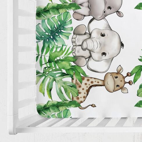 Cute Jungle Safari Animals Tropical Leaves Baby Crib Sheet 52''x28'' Lion Hippo Elephant Giraffe Zebra Fitted Crib Sheet for Standard Crib and Toddler Mattresses Soft Nursery Bed Sheets for Boy Girl in Kuwait