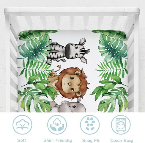 Cute Jungle Safari Animals Tropical Leaves Baby Crib Sheet 52''x28'' Lion Hippo Elephant Giraffe Zebra Fitted Crib Sheet for Standard Crib and Toddler Mattresses Soft Nursery Bed Sheets for Boy Girl in Kuwait