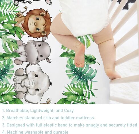 Cute Jungle Safari Animals Tropical Leaves Baby Crib Sheet 52''x28'' Lion Hippo Elephant Giraffe Zebra Fitted Crib Sheet for Standard Crib and Toddler Mattresses Soft Nursery Bed Sheets for Boy Girl in Kuwait