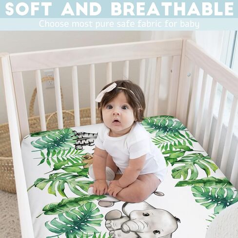 Cute Jungle Safari Animals Tropical Leaves Baby Crib Sheet 52''x28'' Lion Hippo Elephant Giraffe Zebra Fitted Crib Sheet for Standard Crib and Toddler Mattresses Soft Nursery Bed Sheets for Boy Girl in Kuwait