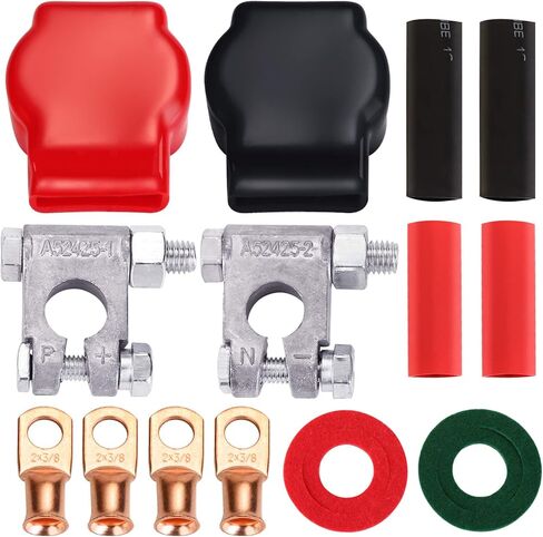 طقم عمود علوي للبطارية بمواصفات عسكرية من HK للسيارة والقوارب البحرية والمركبات مع 4 قطع من العروات النحاسية بمقياس 3/8 بوصة، و4 انكماش حراري، وغطاءين وغسالات مضادة للتآكل (مجموعة) in Kuwait