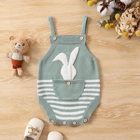 بذلة fhutpw أرنب عيد الفصح للأطفال الأولاد والبنات محبوكة بدون أكمام ملابس لطيفة لحديثي الولادة 3 6 9 12 شهرًا (شريط أخضر، 9-12 شهرًا) in Kuwait