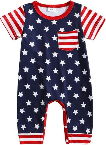 ملابس الرابع من يوليو للأطفال حديثي الولادة والأولاد والبنات، رومبير مطبوع عليه العلم الأمريكي بدون أكمام، بدلة صيفية in Kuwait