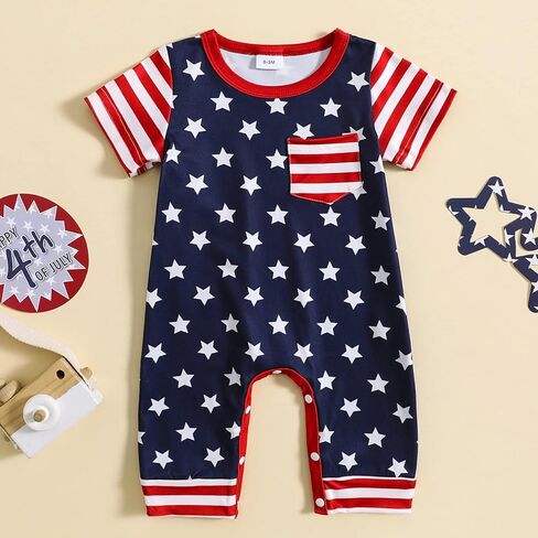 ملابس الرابع من يوليو للأطفال حديثي الولادة والأولاد والبنات، رومبير مطبوع عليه العلم الأمريكي بدون أكمام، بدلة صيفية in Kuwait