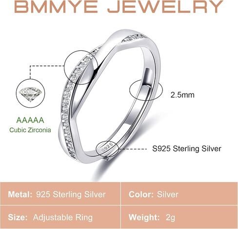 BMMYE 925 خواتم فضة استرلينية للنساء حلقات عقدة الحب قابلة للتعديل خواتم ريشة إصبع مفتوحة هدايا مجوهرات حلقات متقاطعة للنساء مع زركونيا مكعب in Saudi Arabia