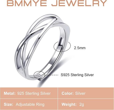 BMMYE 925 خواتم فضة استرلينية للنساء حلقات عقدة الحب قابلة للتعديل خواتم ريشة إصبع مفتوحة هدايا مجوهرات حلقات متقاطعة للنساء مع زركونيا مكعب in Saudi Arabia