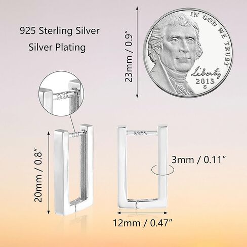 925 فضة مربعة هوب أقراط الحد الأدنى هندسية مستطيلة هوب أقراط للنساء، مجوهرات مضادة للحساسية هدية للفتيات in Kuwait