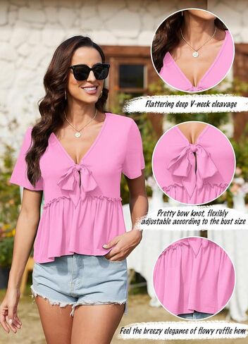 Womens Sexy V Neck Tops Summer Cute Ruffle Shirts Cutout Tie Bow Blouse Short Sleeve Crop Tops in Saudi Arabia