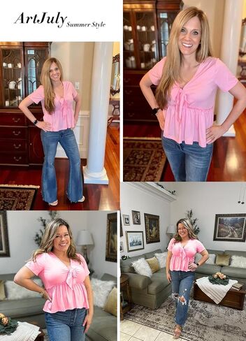 Womens Sexy V Neck Tops Summer Cute Ruffle Shirts Cutout Tie Bow Blouse Short Sleeve Crop Tops in Saudi Arabia