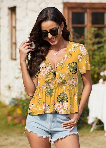 Womens Sexy V Neck Tops Summer Cute Ruffle Shirts Cutout Tie Bow Blouse Short Sleeve Crop Tops in Kuwait