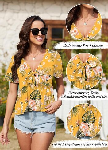 Womens Sexy V Neck Tops Summer Cute Ruffle Shirts Cutout Tie Bow Blouse Short Sleeve Crop Tops in Kuwait