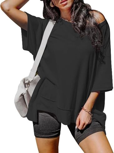Women's Summer Oversized T Shirts Crewneck Short Sleeve Loose Fit Tee High Low Hem Casual Blouses Tops in Saudi Arabia