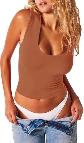 قمصان PINKMSTYLE للسيدات ذات بطانة مزدوجة ورقبة واسعة بدون أكمام وقمصان صيفية لطيفة in Kuwait