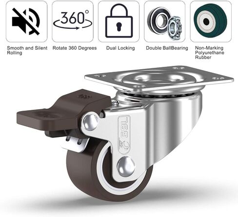 عجلات صغيرة GBL مقاس 1 بوصة مع فرامل + براغي - 90 رطلًا - عجلات منخفضة المستوى مع فرامل - مجموعة من 4 عجلات صامتة بدون علامات أرضية - عجلات صغيرة للعربة in Kuwait