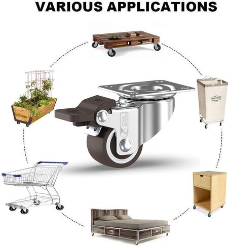 عجلات صغيرة GBL مقاس 1 بوصة مع فرامل + براغي - 90 رطلًا - عجلات منخفضة المستوى مع فرامل - مجموعة من 4 عجلات صامتة بدون علامات أرضية - عجلات صغيرة للعربة in Kuwait