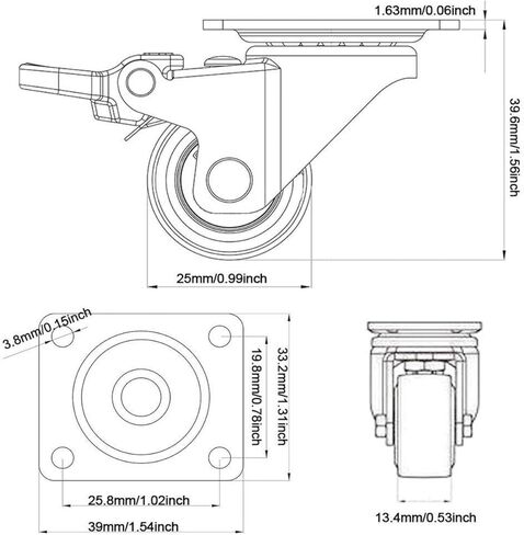 عجلات صغيرة GBL مقاس 1 بوصة مع فرامل + براغي - 90 رطلًا - عجلات منخفضة المستوى مع فرامل - مجموعة من 4 عجلات صامتة بدون علامات أرضية - عجلات صغيرة للعربة in Kuwait