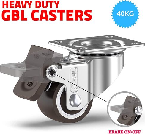 عجلات صغيرة GBL مقاس 1 بوصة مع فرامل + براغي - 90 رطلًا - عجلات منخفضة المستوى مع فرامل - مجموعة من 4 عجلات صامتة بدون علامات أرضية - عجلات صغيرة للعربة in Kuwait