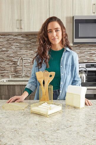 Home Basics Halo Steel Napkin Holder with Weighted Pivoted Arm, 7" x 7" x 2.5", Gold in Kuwait