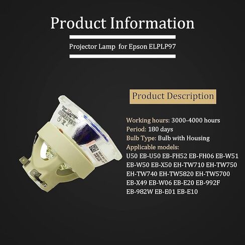 لمبة مصباح بديلة ELPLP96/ELPLP97 لإبسون V13H010L96/V13H010L97 VS250 VS355 VS350 EX5260 EH-TW650 EB-S41، Powerlite Home Cinema 2150 1060 2100 660 760 760HD، مع غطاء in Kuwait
