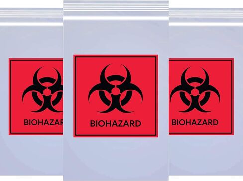 أكياس عينة مع علامة Biohazard 3 × 5 بوصة بسحاب علوي للقفل، حقيبة بلاستيكية سميكة مطبوعة من البولي إيثيلين أكياس النقل للشحن وتغليف العينات باللونين الأسود والأحمر، 100 قطعة in Kuwait