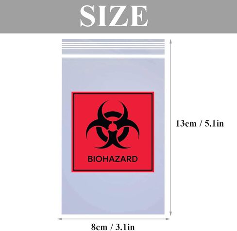 أكياس عينة مع علامة Biohazard 3 × 5 بوصة بسحاب علوي للقفل، حقيبة بلاستيكية سميكة مطبوعة من البولي إيثيلين أكياس النقل للشحن وتغليف العينات باللونين الأسود والأحمر، 100 قطعة in Kuwait