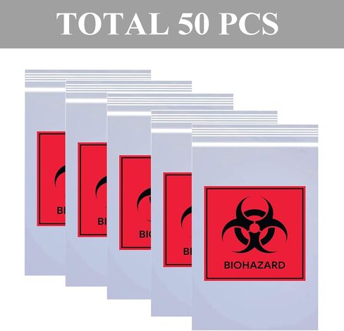 أكياس عينة مع علامة Biohazard 3 × 5 بوصة بسحاب علوي للقفل، حقيبة بلاستيكية سميكة مطبوعة من البولي إيثيلين أكياس النقل للشحن وتغليف العينات باللونين الأسود والأحمر، 100 قطعة in Kuwait