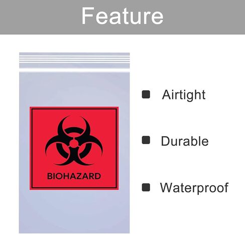 أكياس عينة مع علامة Biohazard 3 × 5 بوصة بسحاب علوي للقفل، حقيبة بلاستيكية سميكة مطبوعة من البولي إيثيلين أكياس النقل للشحن وتغليف العينات باللونين الأسود والأحمر، 100 قطعة in Kuwait