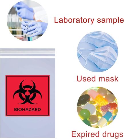 أكياس عينة مع علامة Biohazard 3 × 5 بوصة بسحاب علوي للقفل، حقيبة بلاستيكية سميكة مطبوعة من البولي إيثيلين أكياس النقل للشحن وتغليف العينات باللونين الأسود والأحمر، 100 قطعة in Kuwait