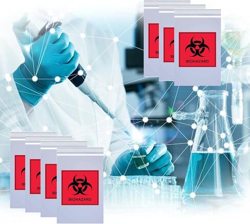 أكياس عينة مع علامة Biohazard 3 × 5 بوصة بسحاب علوي للقفل، حقيبة بلاستيكية سميكة مطبوعة من البولي إيثيلين أكياس النقل للشحن وتغليف العينات باللونين الأسود والأحمر، 100 قطعة in Kuwait