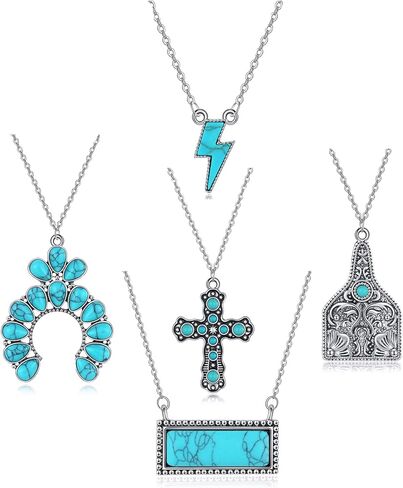 5 قطع القلائد الغربية للنساء البوهيمي الفيروز الصليب قلادة البقرة علامة حدوة الحصان قلادة الهبي الملحقات الفيروز ليجتنينج بولت بار قلادة قلادة للفتيات 90 ثانية راعية البقر بوهو قلادة مجموعة مجوهرات in Kuwait