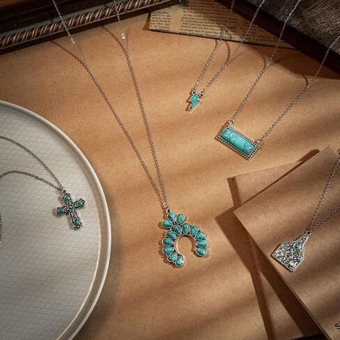 5 قطع القلائد الغربية للنساء البوهيمي الفيروز الصليب قلادة البقرة علامة حدوة الحصان قلادة الهبي الملحقات الفيروز ليجتنينج بولت بار قلادة قلادة للفتيات 90 ثانية راعية البقر بوهو قلادة مجموعة مجوهرات in Kuwait