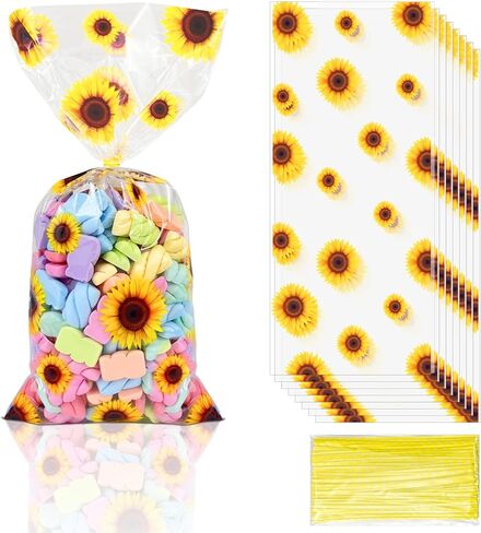 100 قطعة من أكياس السيلوفان لعباد الشمس، أكياس حلوى التشيلو الشفافة مع 100 قطعة من أربطة العنق لهدايا حفلات عباد الشمس in Kuwait
