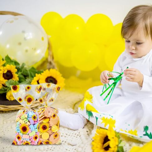 100 قطعة من أكياس السيلوفان لعباد الشمس، أكياس حلوى التشيلو الشفافة مع 100 قطعة من أربطة العنق لهدايا حفلات عباد الشمس in Kuwait