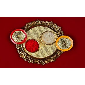 Golden Decorative Designer Roli Chawal/Rice Holder, Kumkum Haldi Holder Rakhi Pooja Thali Indian Festival Diwali Pujan Mandir Tika Roli Plate 1pc in Saudi Arabia