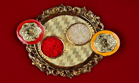 Golden Decorative Designer Roli Chawal/Rice Holder, Kumkum Haldi Holder Rakhi Pooja Thali Indian Festival Diwali Pujan Mandir Tika Roli Plate 1pc in Kuwait