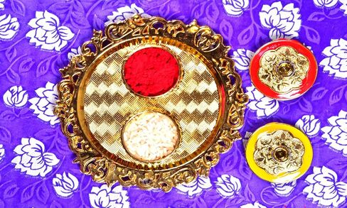 Golden Decorative Designer Roli Chawal/Rice Holder, Kumkum Haldi Holder Rakhi Pooja Thali Indian Festival Diwali Pujan Mandir Tika Roli Plate 1pc in Kuwait