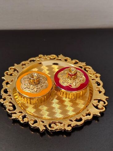 Golden Decorative Designer Roli Chawal/Rice Holder, Kumkum Haldi Holder Rakhi Pooja Thali Indian Festival Diwali Pujan Mandir Tika Roli Plate 1pc in Kuwait