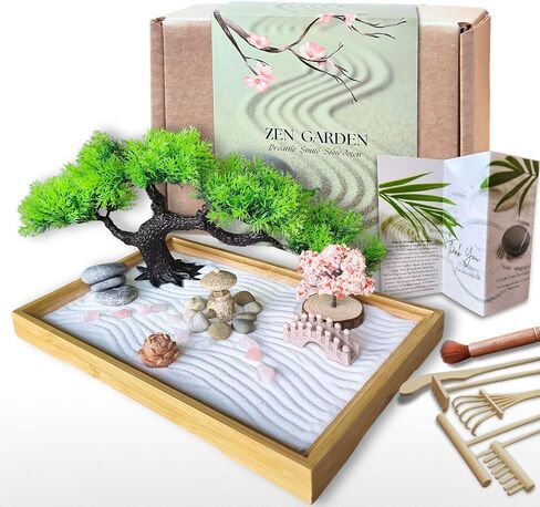 Zen Garden for Desk – Japanese Decor, Rose Quartz, 11x7.5 Tray with White Sand, Rake, Bamboo, Bonsai Tree, and Accessories – Meditation & Stress Relief Gift for Office or Home (Black) in Saudi Arabia