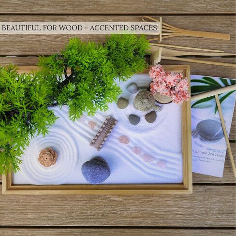 Zen Garden for Desk – Japanese Decor, Rose Quartz, 11x7.5 Tray with White Sand, Rake, Bamboo, Bonsai Tree, and Accessories – Meditation & Stress Relief Gift for Office or Home (Black) in Saudi Arabia