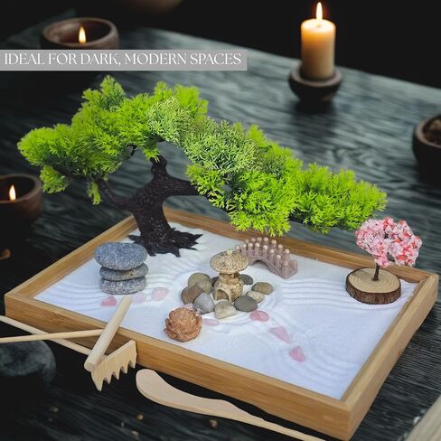 Zen Garden for Desk – Japanese Decor, Rose Quartz, 11x7.5 Tray with White Sand, Rake, Bamboo, Bonsai Tree, and Accessories – Meditation & Stress Relief Gift for Office or Home (Black) in Saudi Arabia