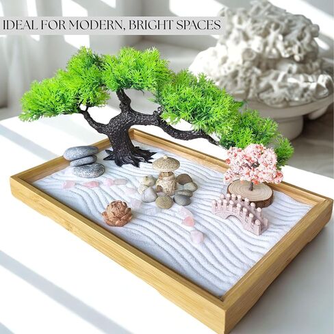 Zen Garden for Desk – Japanese Decor, Rose Quartz, 11x7.5 Tray with White Sand, Rake, Bamboo, Bonsai Tree, and Accessories – Meditation & Stress Relief Gift for Office or Home (Black) in Saudi Arabia