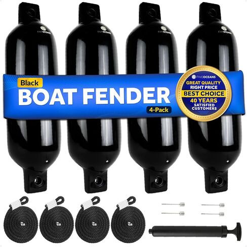 Five Oceans 5.5" x 20" Twin Eye Boat Fenders, 4-Pack Marine Inflatable Boat Bumpers for Docking, with 3/8" x 5Ft Lines, Inflator Pump, 4 Needle Valve and 4 Needles, Black & White Colors Available in Saudi Arabia