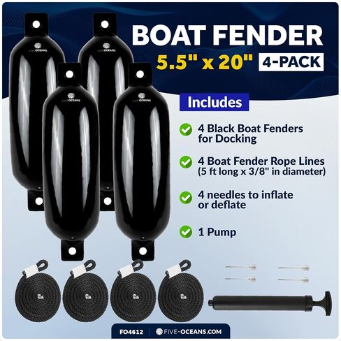 Five Oceans 5.5" x 20" Twin Eye Boat Fenders, 4-Pack Marine Inflatable Boat Bumpers for Docking, with 3/8" x 5Ft Lines, Inflator Pump, 4 Needle Valve and 4 Needles, Black & White Colors Available in Saudi Arabia