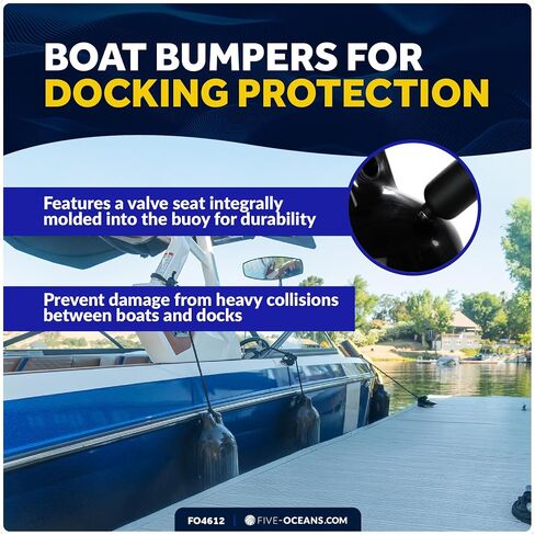 Five Oceans 5.5" x 20" Twin Eye Boat Fenders, 4-Pack Marine Inflatable Boat Bumpers for Docking, with 3/8" x 5Ft Lines, Inflator Pump, 4 Needle Valve and 4 Needles, Black & White Colors Available in Saudi Arabia