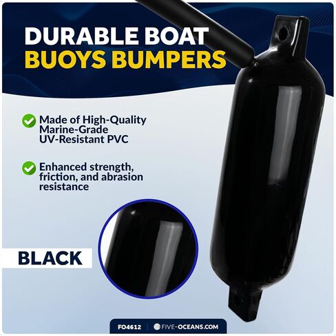 Five Oceans 5.5" x 20" Twin Eye Boat Fenders, 4-Pack Marine Inflatable Boat Bumpers for Docking, with 3/8" x 5Ft Lines, Inflator Pump, 4 Needle Valve and 4 Needles, Black & White Colors Available in Saudi Arabia