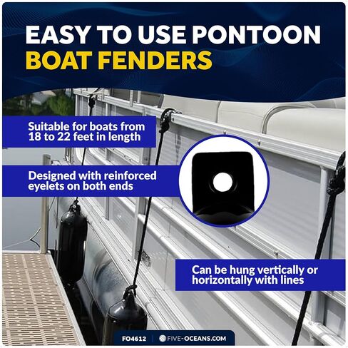 Five Oceans 5.5" x 20" Twin Eye Boat Fenders, 4-Pack Marine Inflatable Boat Bumpers for Docking, with 3/8" x 5Ft Lines, Inflator Pump, 4 Needle Valve and 4 Needles, Black & White Colors Available in Saudi Arabia