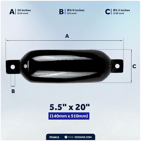 Five Oceans 5.5" x 20" Twin Eye Boat Fenders, 4-Pack Marine Inflatable Boat Bumpers for Docking, with 3/8" x 5Ft Lines, Inflator Pump, 4 Needle Valve and 4 Needles, Black & White Colors Available in Saudi Arabia