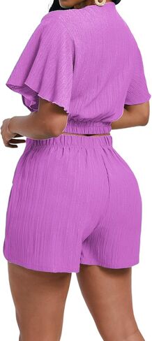 Women 2 Piece Summer Casual Outfit Short Sleeve Deep Wrap V Neck Crop Top and Tie Front Elastic Waist Short Sets in Saudi Arabia