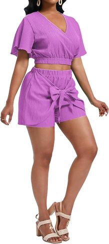 Women 2 Piece Summer Casual Outfit Short Sleeve Deep Wrap V Neck Crop Top and Tie Front Elastic Waist Short Sets in Saudi Arabia